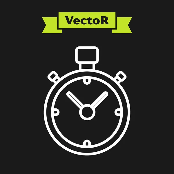 Weiße Linie Stoppuhr-Symbol isoliert auf schwarzem Hintergrund. Zeitzeichen. Chronometerzeichen. Vektorillustration — Stockvektor