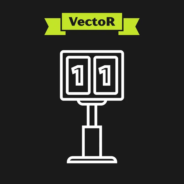 Weiße Linie Sport mechanische Anzeigetafel und Ergebnisanzeige Symbol isoliert auf schwarzem Hintergrund. Vektorillustration — Stockvektor