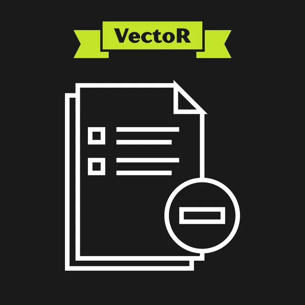 Linha branca Documento com ícone de menos isolado no fundo preto. Documento claro. Remover documento de arquivo. Apagar arquivo de informações. Ilustração vetorial — Vetor de Stock