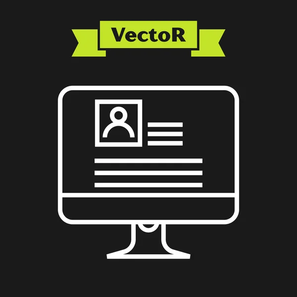 Linha branca Monitor de computador com ícone de currículo isolado no fundo preto. Aplicação CV. Buscando pessoal profissional. Analisando pessoal retomar. Ilustração vetorial — Vetor de Stock