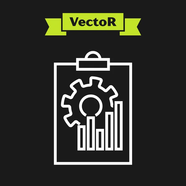 Weiße Zwischenablage mit Diagrammdiagramm-Symbol isoliert auf schwarzem Hintergrund. Textdatei-Symbol melden. Buchhaltungszeichen. Prüfung, Analyse, Planung. Vektorillustration — Stockvektor
