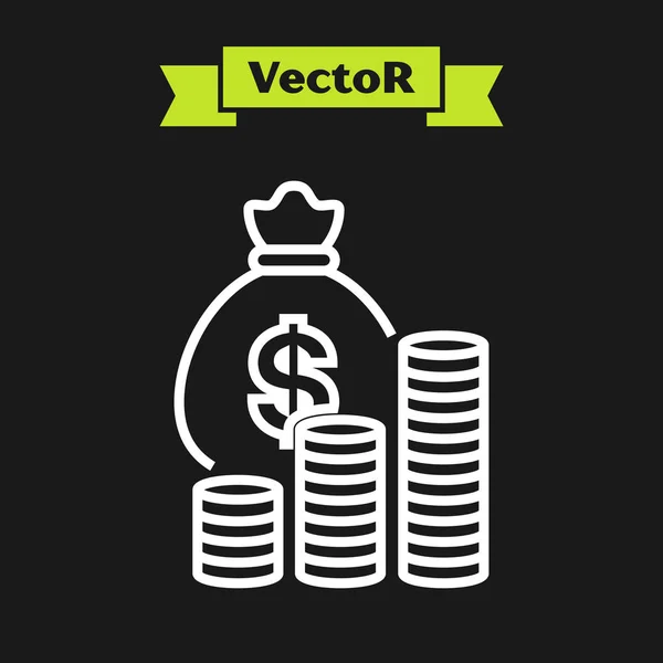 Weiße Linie Geldsack und Münzsymbol isoliert auf schwarzem Hintergrund. Dollar oder USD-Symbol. Cash Banking Währungszeichen. Vektorillustration — Stockvektor