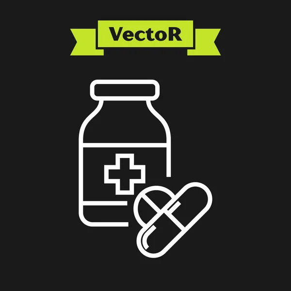 Ligne blanche bouteille de médecine et des pilules icône isolée sur fond noir. Signe de pilule. Conception de pharmacie. Illustration vectorielle — Image vectorielle