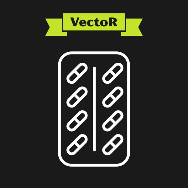 Pilules de ligne blanche dans l'icône blister isolé sur fond noir. Paquet médical de médicament pour la vitamine de comprimé, antibiotique, aspirine. Illustration vectorielle — Image vectorielle