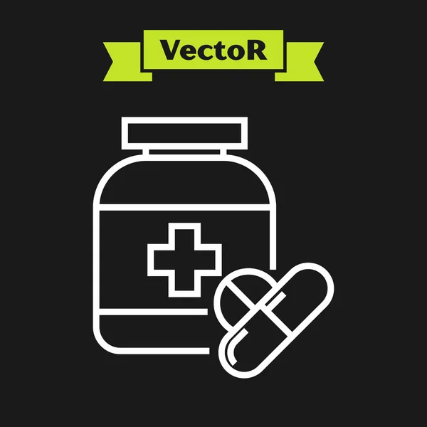 Ligne blanche bouteille de médecine et des pilules icône isolée sur fond noir. Signe de pilule. Conception de pharmacie. Illustration vectorielle — Image vectorielle