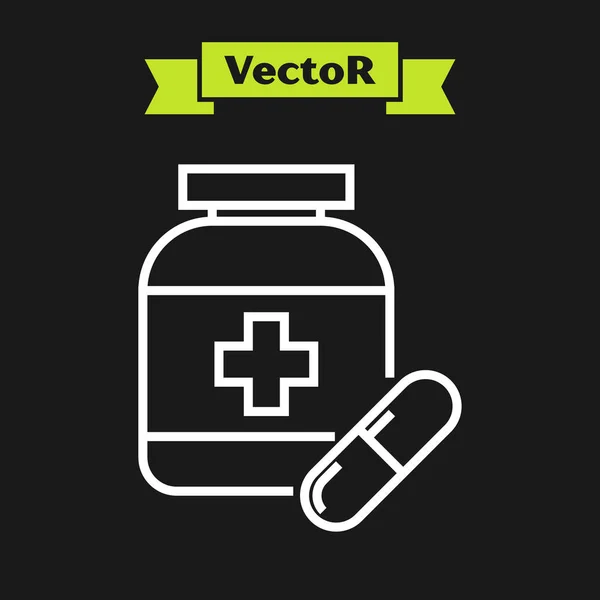 Weiße Linie Medizinflasche und Pillen Symbol isoliert auf schwarzem Hintergrund. Flaschentabletten-Schild. Apothekendesign. Vektorillustration — Stockvektor