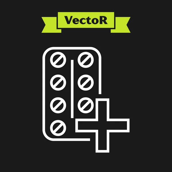 Weiße Linie Pillen in Blisterverpackung Symbol isoliert auf schwarzem Hintergrund. Medikamentenpaket für Tabletten Vitamin, Antibiotika, Aspirin. Vektorillustration — Stockvektor