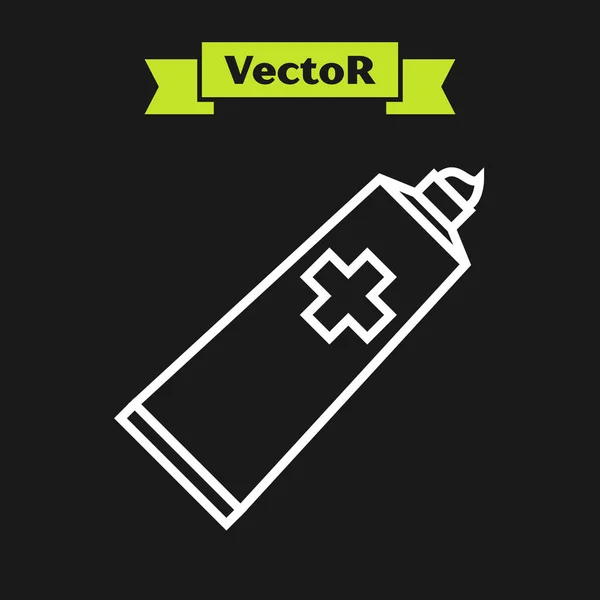 Linha branca pomada creme tubo medicina ícone isolado no fundo preto. Tubo, recipiente, pasta de dentes, sinal de creme. Ilustração vetorial — Vetor de Stock
