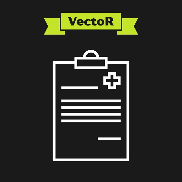 Linha branca Área de transferência médica com ícone de registro clínico isolado em fundo preto. Formulário de seguro de saúde. Prescrição, relatório de marcas médicas. Ilustração vetorial — Vetor de Stock