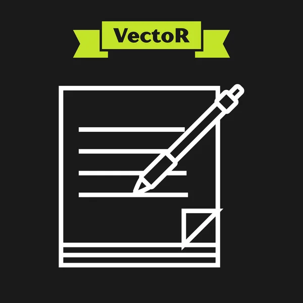 Linha branca Caderno em branco e ícone de caneta isolado no fundo preto. Papel e caneta. Ilustração vetorial — Vetor de Stock