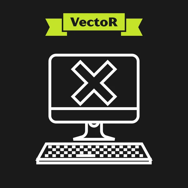 Weiße Linie Computer mit Tastatur und x-Zeichen-Symbol isoliert auf schwarzem Hintergrund. Fehlerfenster, Exit-Taste, Abbruch, 404 Fehlerseite nicht gefunden Konzept. Vektorillustration — Stockvektor