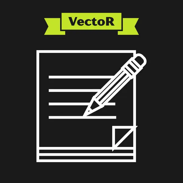 Linha branca Caderno e lápis em branco com ícone de borracha isolado no fundo preto. Papel e lápis. Ilustração vetorial — Vetor de Stock
