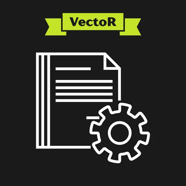 Linha branca Configurações do documento com o ícone de engrenagens isolado no fundo preto. Atualização de software, protocolo de transferência, gerenciamento de ferramentas de trabalho em equipe. Ilustração vetorial — Vetor de Stock