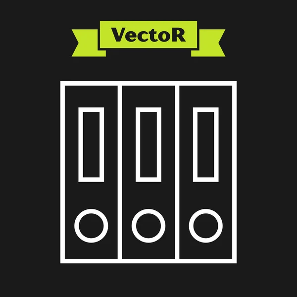 Línea blanca Carpetas de oficina con ícono de documentos y papeles aislados sobre fondo negro. Aglutinantes de oficina. Carpeta de archivos signo. Ilustración vectorial — Vector de stock