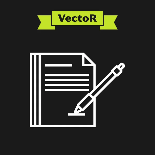 Weiße Linie leeres Notizbuch und Stift-Symbol isoliert auf schwarzem Hintergrund. Papier und Stift. Vektorillustration — Stockvektor