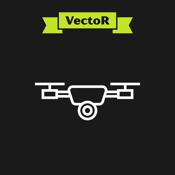 Línea blanca Drone volando con el icono de la cámara de vídeo de acción aislado sobre fondo negro. Quadrocopter con video y el símbolo de la cámara fotográfica. Ilustración vectorial — Vector de stock