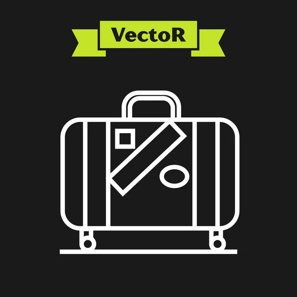 Weiße Linie Koffer für Reisen und Aufkleber-Symbol isoliert auf schwarzem Hintergrund. Reisegepäckzeichen. Reisegepäcksymbol. Vektorillustration — Stockvektor