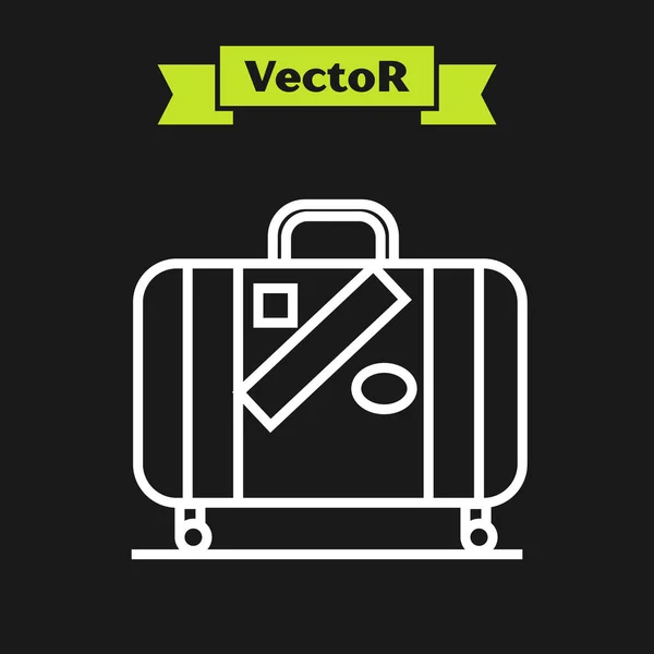 Maleta de línea blanca para viajes y pegatinas icono aislado sobre fondo negro. Señal de equipaje de viaje. Icono de equipaje de viaje. Ilustración vectorial — Vector de stock