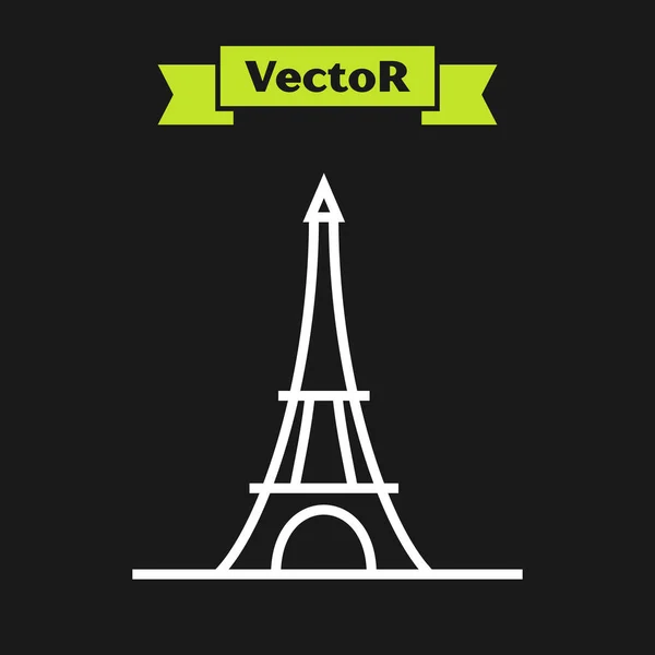 Icono de la torre Eiffel de línea blanca aislado sobre fondo negro. Francia París símbolo emblemático. Ilustración vectorial — Vector de stock