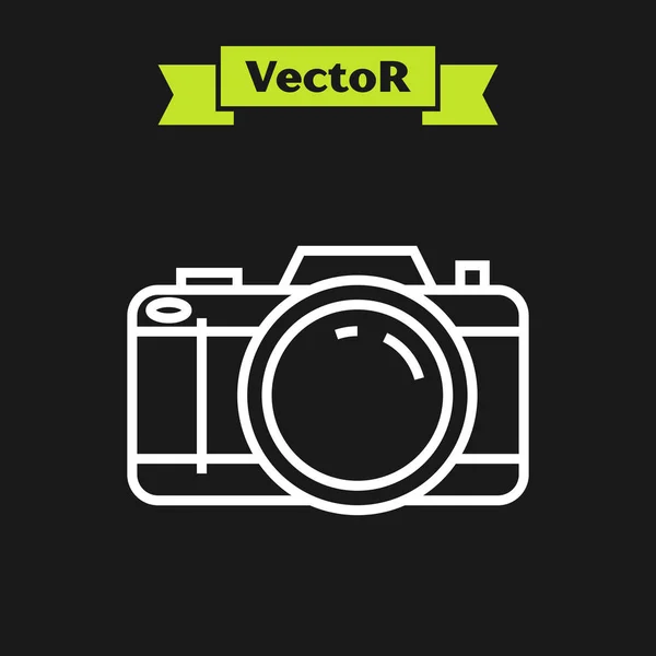 Línea blanca Icono de la cámara fotográfica aislado sobre fondo negro. Icono de cámara fotográfica. Ilustración vectorial — Vector de stock