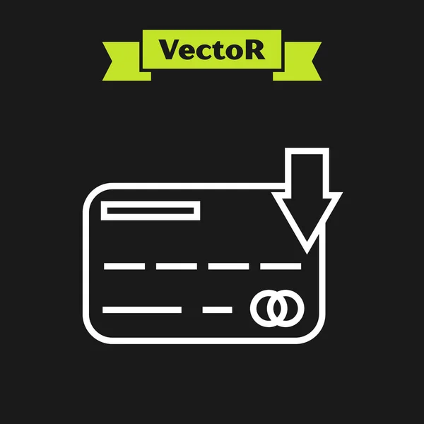 Ligne blanche Icône de carte de crédit isolé sur fond noir. Paiement en ligne. Retrait d'argent. Opérations financières. Panneau shopping. Illustration vectorielle — Image vectorielle