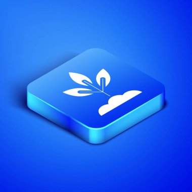 Mavi arka planda izole edilmiş İzometrik Bitki simgesi. Tohum ve fide. Yaprak işareti. Yaprak doğası. Mavi kare düğmesi. Vektör İllüstrasyonu