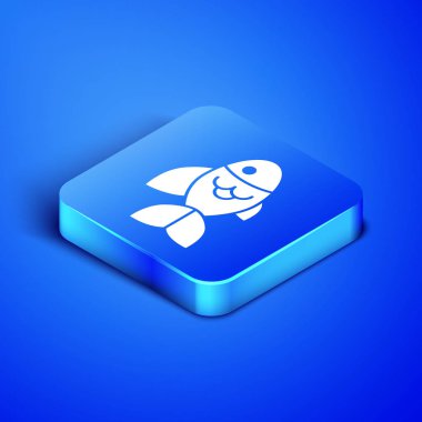 İzometrik Balık simgesi mavi arka plan üzerinde izole. Mavi kare düğmesi. Vektör İllüstrasyonu
