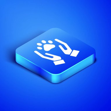 İzometrik Eller hayvanlar ayak izi simgesi mavi arka plan üzerinde izole ile. Kalbinde evcil hayvan pençesi. Hayvanlara sevgiler. Mavi kare düğmesi. Vektör İllüstrasyonu