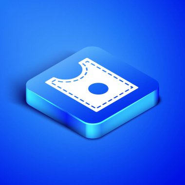 Mavi arka planda izole edilmiş İzometrik Dikiş Deseni simgesi. Dikiş için işaretler. Mavi kare düğmesi. Vektör İllüstrasyonu