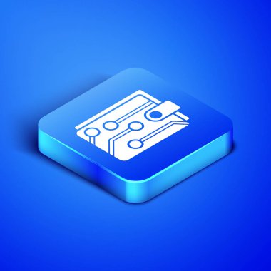 Mavi arka planda yalıtılmış İzometrik Cryptocurrency cüzdan simgesi. Cüzdan ve bitcoin işareti. Madencilik konsepti. Para, ödeme, nakit, ödeme simgesi. Mavi kare düğmesi. Vektör İllüstrasyonu
