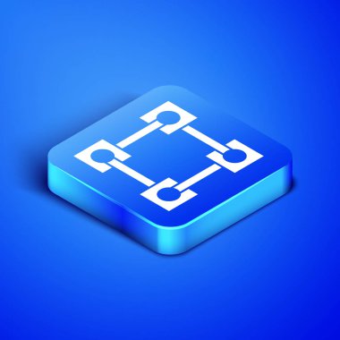 Mavi arka planda izole edilmiş İzometrik Blockchain teknoloji simgesi. Kripto para birimi verileri. Soyut geometrik blok zincir ağ teknolojisi iş. Mavi kare düğmesi. Vektör İllüstrasyonu