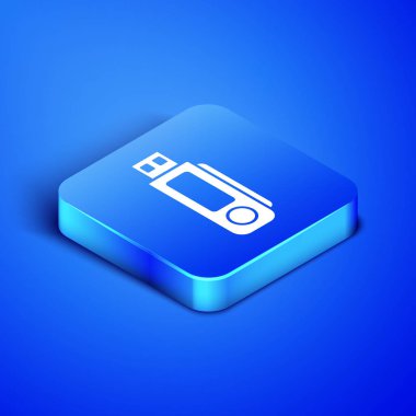 Mavi arka planda yalıtılmış izometrik USB flash sürücü simgesi. Mavi kare düğmesi. Vektör Illustration