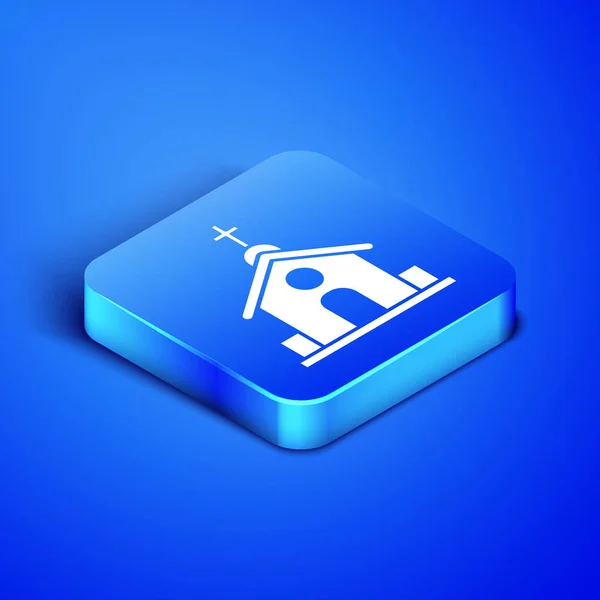 Isometric Church building icon isolated on blue background. Christian Church. Religion of church. Blue square button. Vector Illustration — Stock Vector