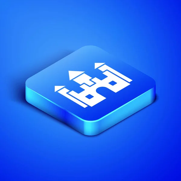Isometric Castle icon isolated on blue background. Blue square button. Vector Illustration