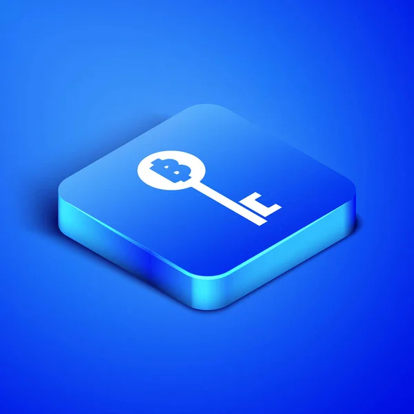 Icono de clave de criptomoneda isométrica Bitcoin aislado sobre fondo azul. Concepto de ciberseguridad o clave digital con interfaz tecnológica. Botón cuadrado azul. Ilustración vectorial — Vector de stock
