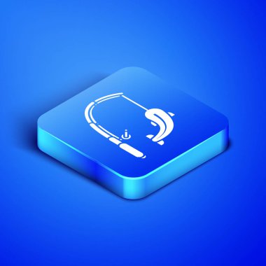 İzometrik Olta ve balık simgesi mavi arka plan üzerinde izole. Büyük bir balık yakalayın. Balıkçılık ekipmanları ve balık yetiştiriciliği konuları. Mavi kare düğmesi. Vektör İllüstrasyonu