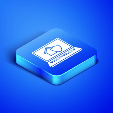 Mavi arka plan üzerinde izole koruma simgesi altında ev ile İzometrik Laptop. Koruma, güvenlik, güvenlik, koruma, savunma konsepti. Mavi kare düğmesi. Vektör İllüstrasyonu