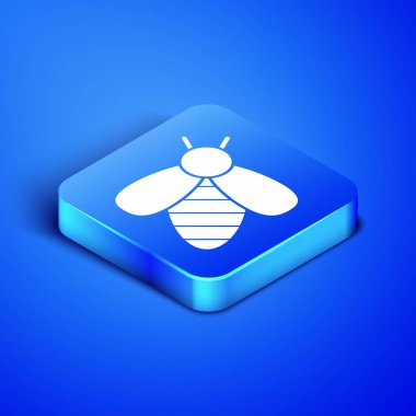 İzometrik Arı simgesi mavi arka plan üzerinde izole. Tatlı doğal yemekler. Bal arısı veya kanat sembolü ile apis. Uçan böcek. Mavi kare düğmesi. Vektör İllüstrasyonu