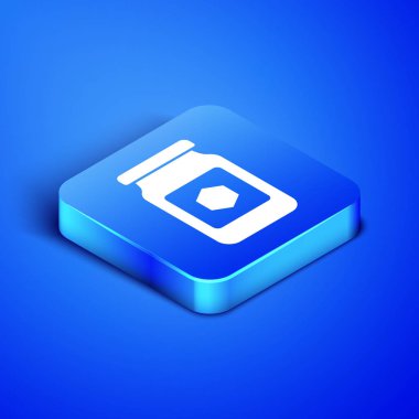 Mavi arka plan üzerinde izole bal simgesiizometrik Kavanoz. Yemek bankası. Tatlı doğal gıda sembolü. Mavi kare düğmesi. Vektör İllüstrasyonu