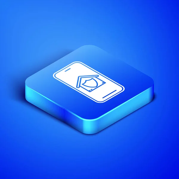 Izometrikus mobil telefon ház védelem alatt ikon izolált kék háttér. Védelem, biztonság, biztonság, védelem, védelmi koncepció. Kék négyzet gombot. Vektoros illusztráció — Stock Vector
