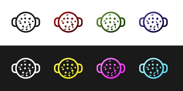 Set Kochsuppe in Topf Symbol isoliert auf schwarz-weißem Hintergrund. Essen kochen oder schmoren. Vektorillustration — Stockvektor