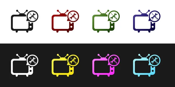 Set Tv with screwdriver and wrench icon isolated on black and white background. Adjusting, service, setting, maintenance, repair, fixing. Vector Illustration — Stock Vector