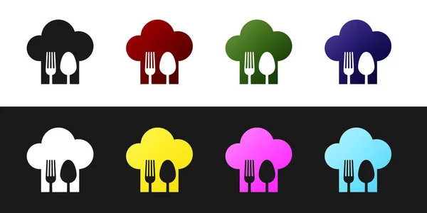 Set chef hoed met vork en lepel pictogram geïsoleerd op zwart-wit achtergrond. Kook symbool. Restaurant menu. Koks hoed. Vector illustratie — Stockvector