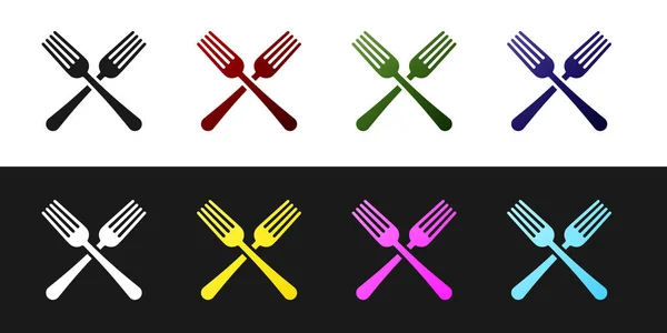 Definir ícone de garfo cruzado isolado no fundo preto e branco. Símbolo de talheres. Ilustração vetorial — Vetor de Stock