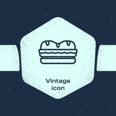 Grunge çizgi Sandviç simgesi mavi arka plan üzerinde izole. Hamburger simgesi. Burger yemek sembolü. Çizburger işareti. Sokak fast food menüsü. Tek renkli vintage çizim. Vektör İllüstrasyonu
