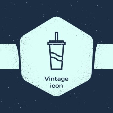 Grunge hattı İçme saman ve su simgesi mavi arka plan üzerinde izole ile Kağıt cam. Soda bardak iç. Taze soğuk içecek sembolü. Tek renkli vintage çizim. Vektör İllüstrasyonu