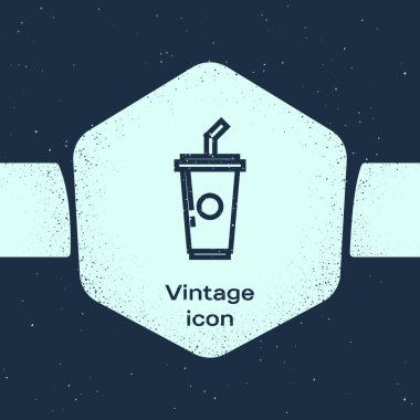 Grunge hattı İçme saman ve su simgesi mavi arka plan üzerinde izole ile Kağıt cam. Soda bardak iç. Taze soğuk içecek sembolü. Tek renkli vintage çizim. Vektör İllüstrasyonu