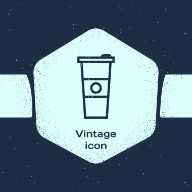 Grunge hattı Kağıt cam ve su simgesi mavi arka plan üzerinde izole. Soda bardak iç. Taze soğuk içecek sembolü. Tek renkli vintage çizim. Vektör İllüstrasyonu