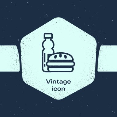 Grunge hattı Su ve burger simgesi şişe mavi arka plan izole. Soda su içecek işareti. Hamburger, çizburgerli sandviç. Fast food menüsü. Tek renkli vintage çizim. Vektör İllüstrasyonu