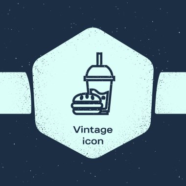 Grunge hattı Mavi arka plan üzerinde izole saman ve burger simgesi içme ile Kağıt cam. Soda su içecek işareti. Hamburger, çizburgerli sandviç. Tek renkli vintage çizim. Vektör İllüstrasyonu
